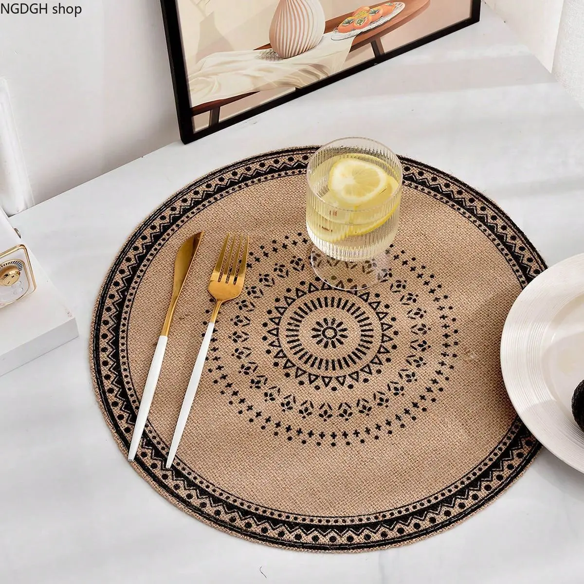 Round Jute Burlap Placemat Set - Mandala Print, Fringe Edge, Boho Home Accessory, Black Beige Dining Table Decor Mat, Tableware