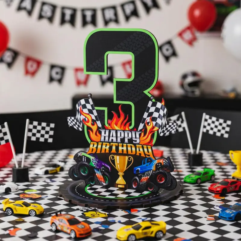 Threehoney Truck 3rd Birthday Number Sign Centerpiece Truck Number 3 Wooden Table Sign Decorations Photo Props for 3 Years Old Boys Race Car Theme Birthday Party Supplies, 9.84 x 7.48 Inch