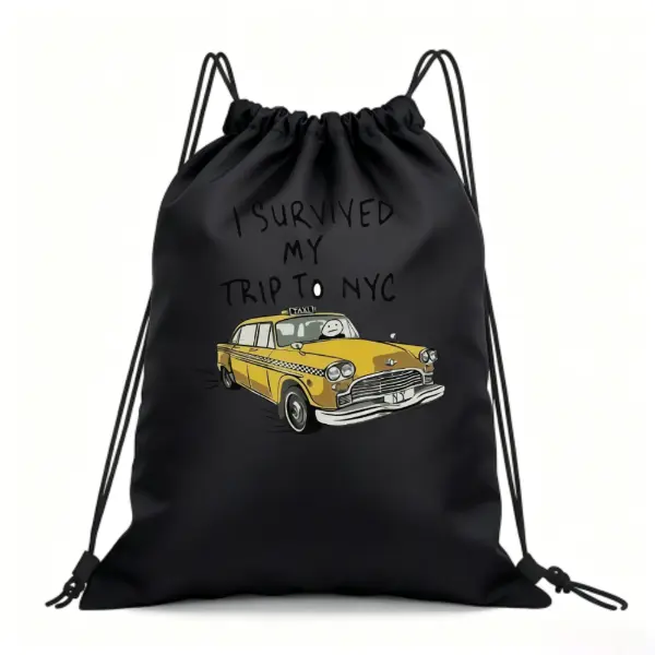 Unisex "I Survived My Trip to NYC" Retro Print Drawstring Gym Bag, Waterproof Vintage Yellow Taxi New York Sporting Sackpack, Movie Props Gift