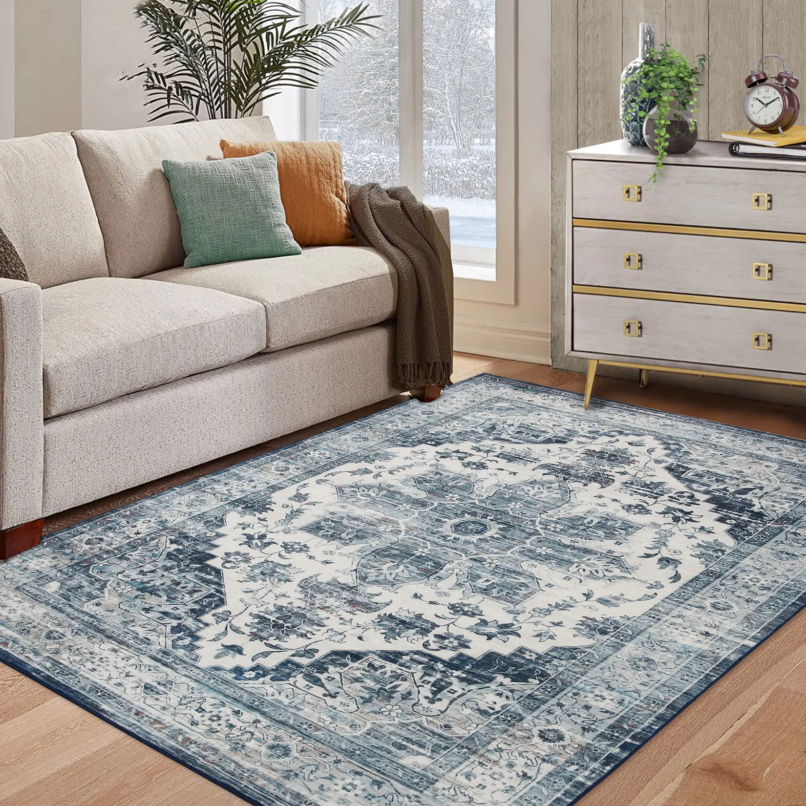 Vintage Printed Rug Washable Area Rug Oriental Antique Floral Rug Low-pile Non-shedding Ultra-thin Foldable with Non-slip Backing for Living Rooms Bedrooms and Farmhouses playroom