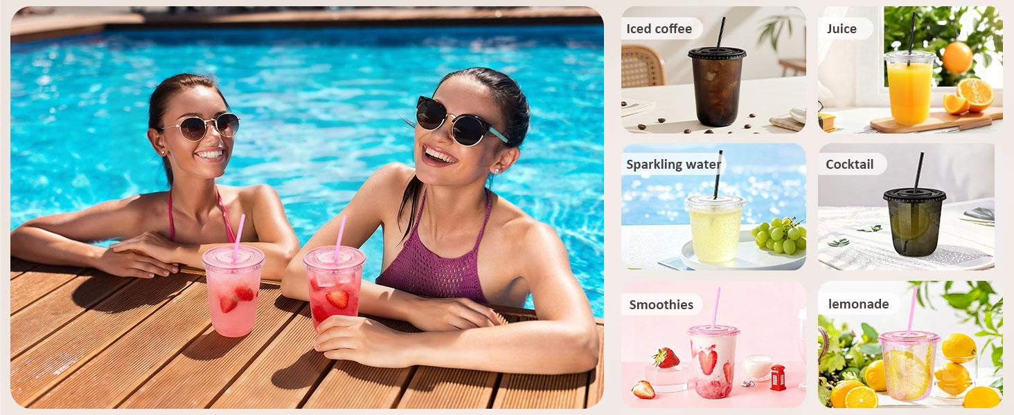 100 Set 16oz Plastic Cups with Lids and Straws, Disposable Black Clear Iced Coffee Cup with Lid, Round Bottom Plastic To Go Cups for Cold Drinks Slushie Smoothie Soda Bar Party Shop Supplies