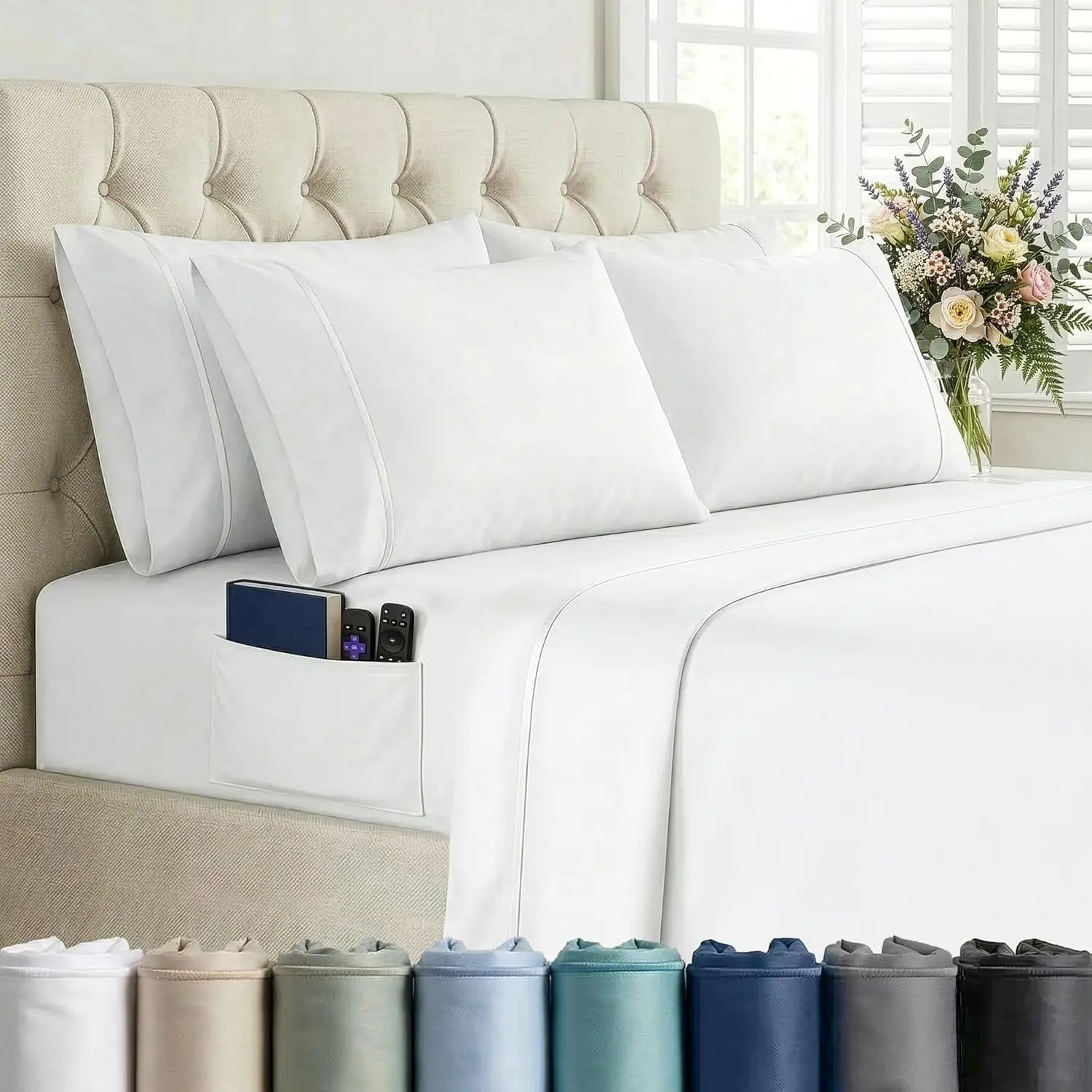 6-Piece Queen Size Solid White Cooling Hotel Bedding Sheets Set, 4 Pillowcases Included, 16-Inch Deep Pockets, Hypoallergenic, Indoor Recreation Queen Bed Fit
