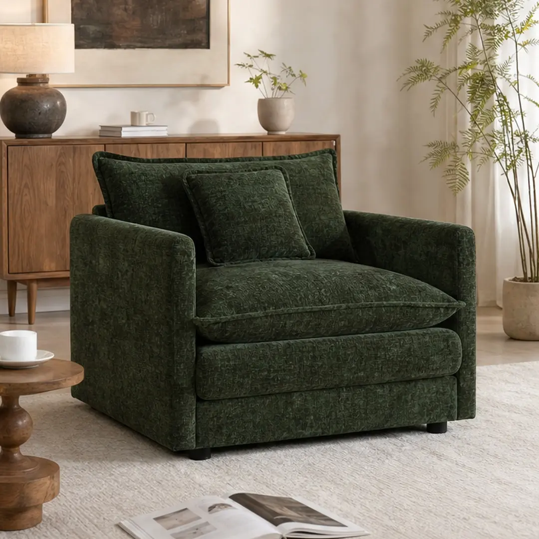ARCH Single Seat Sofa Chair with Toss Pillow, Upholstered Armchair for Living Room, Green Chenille Fabric, Comfy Deep Seat Reading Chair, Solid Wood Frame, 1-Seat Accent Sofa for Home Office Bedroom, Green Color Options, Chenille Material