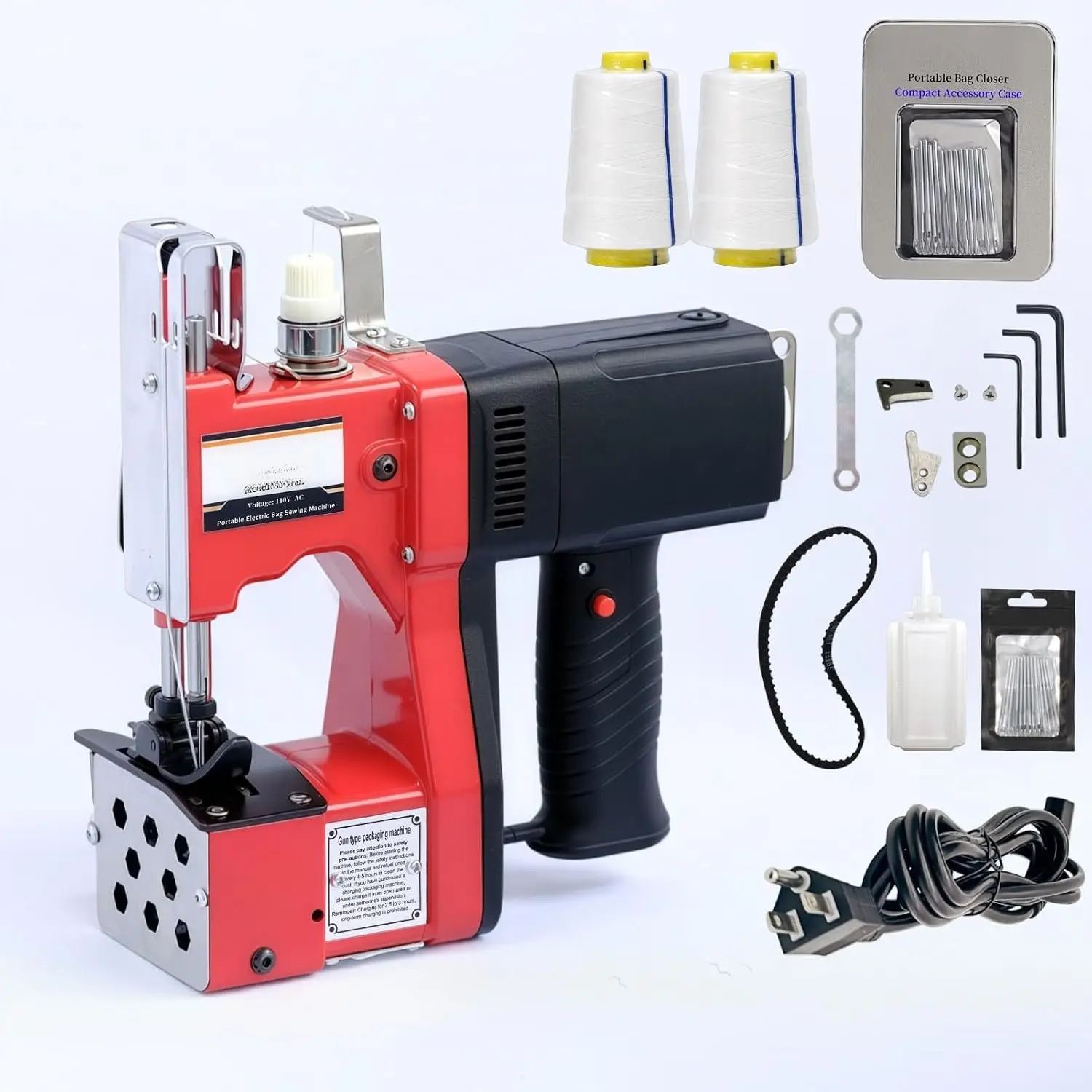 Bag Sewing Machine - 2s/bag Heavy Duty Portable Stitching Machine for Woven Bags, Non-Woven Fabrics, Leather | Warehouse & Farm Packing Tool (Red, Corded - 110V AC)