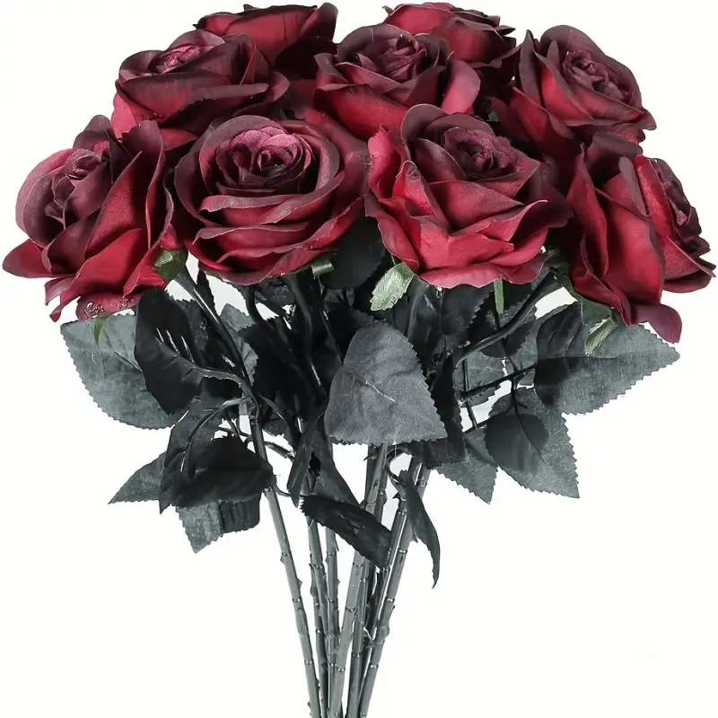 11pcs Realistic Black Red Artificial Roses with Stems Gothic Wedding Halloween Home Office Hotel Decoration Romantic Room Decor Bouquet Accessories
