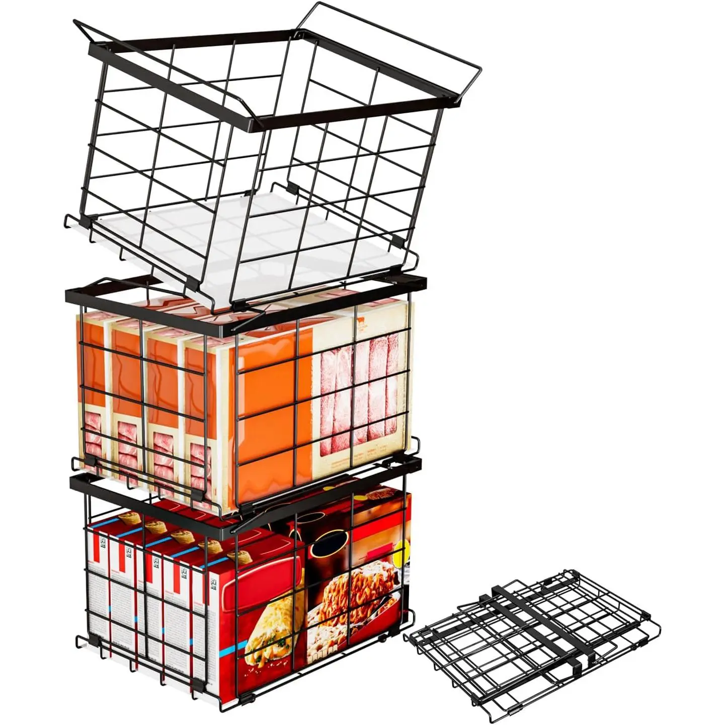 Freezer Organizer Bins, Upgrade Quick Expand/Collapse Feature, for 3.5 Cu.Ft Deep Freezer, 3 Pack Stackable Deep Freezer Organizer Bins, Black Wire Foldable Baskets with Handles (Black 3 Pack)