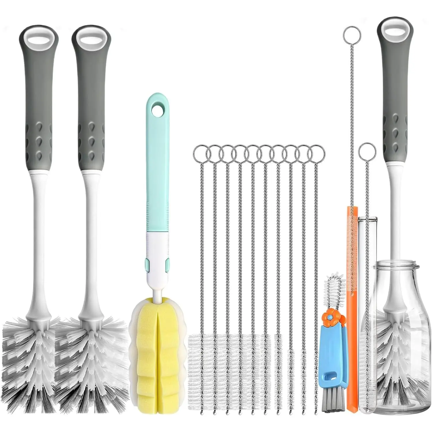 14Pcs Bottle Brush Cleaner Set, Long-Handled Bottle Brushes, Sponge Brushes, 3-in-1 Water Bottle Cleaner Brushes, and Straw Brushes for Cleaning Water Bottles, Cups, and Straws