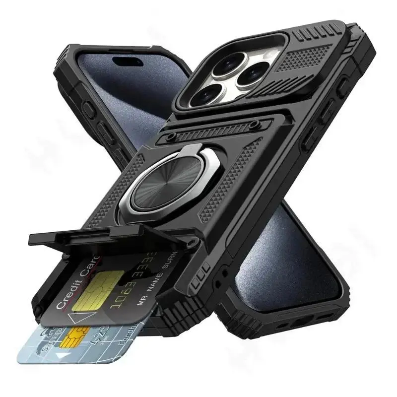 Heavy Duty Drop Proof Phone Case with Magnetic Rotatable Ring Kickstand, Hard PC Shell Wallet Cover, Mobile Phone Accessories for Multiple iPhone Models (11, 11 Pro Max, 13, 14, 14 Plus, 15, 15 Plus, 16, 16 Pro Max), Anti-Slip Surface, For Iphone 15Pro Ma