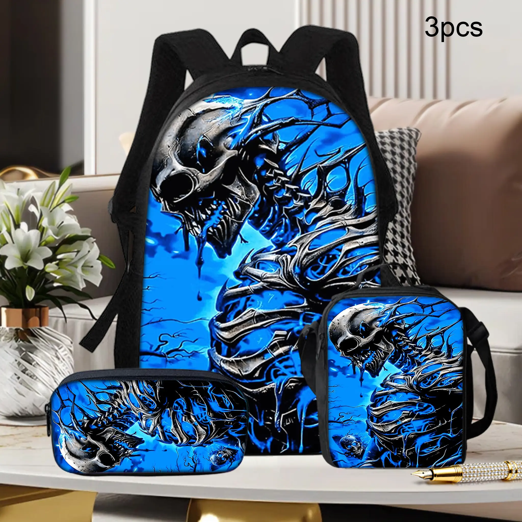 Blue Skull Backpack Set, 3PCS Gothic School Bag with Lunch Bag and Pencil Case, Black Blue Skeleton Horror Graphic Bookbag for Teens Adults, Lightweight Travel Daypack with Side Pockets, Halloween Streetwear Gift for Students Daily Carry Bag Pack