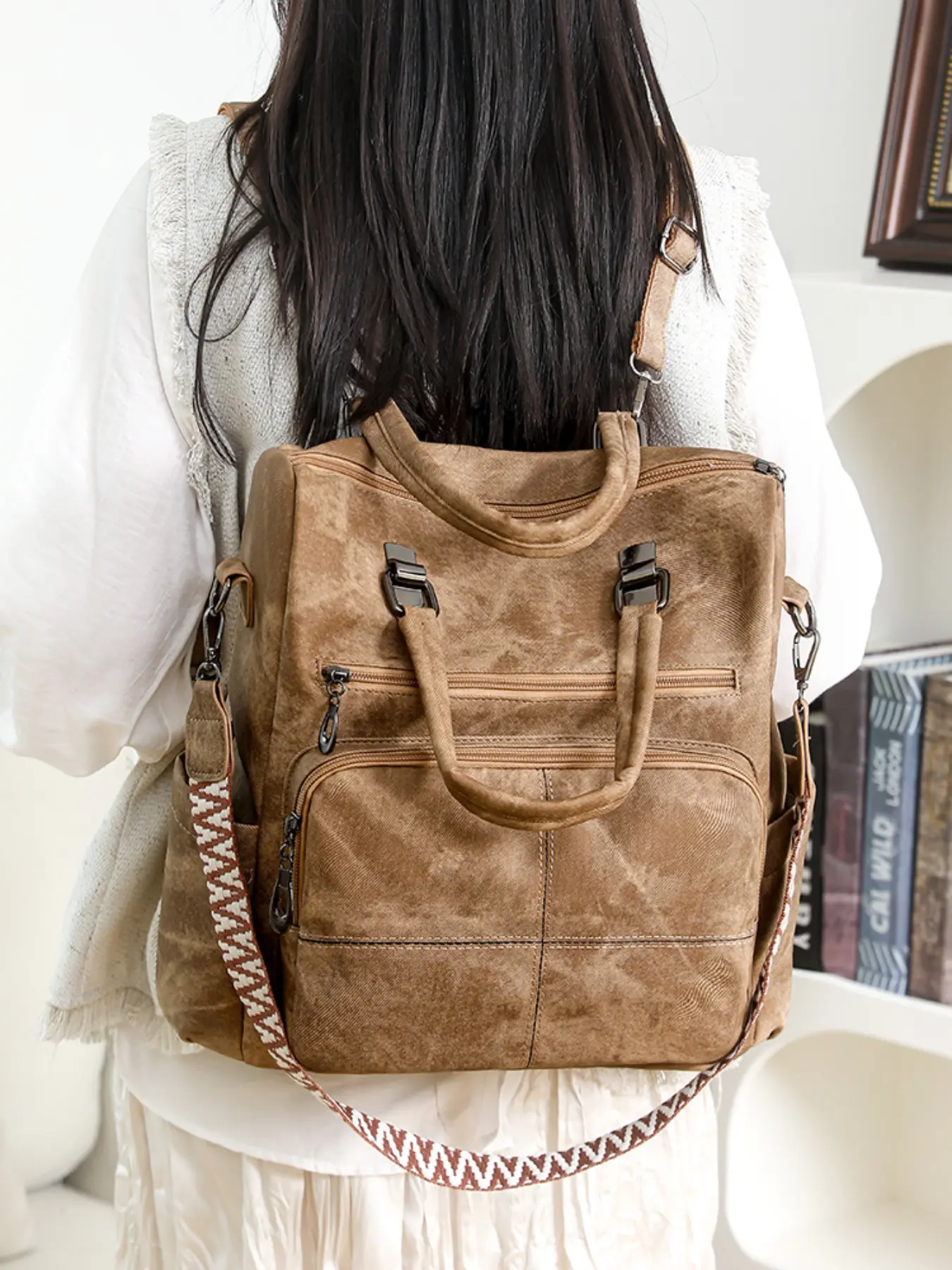 Vintage Marble Pattern Multi-Functional Shoulder Bag, Large Capacity, Multiple Pockets, Casual Style, Handbag, Crossbody, Backpack, Traveler Essentials