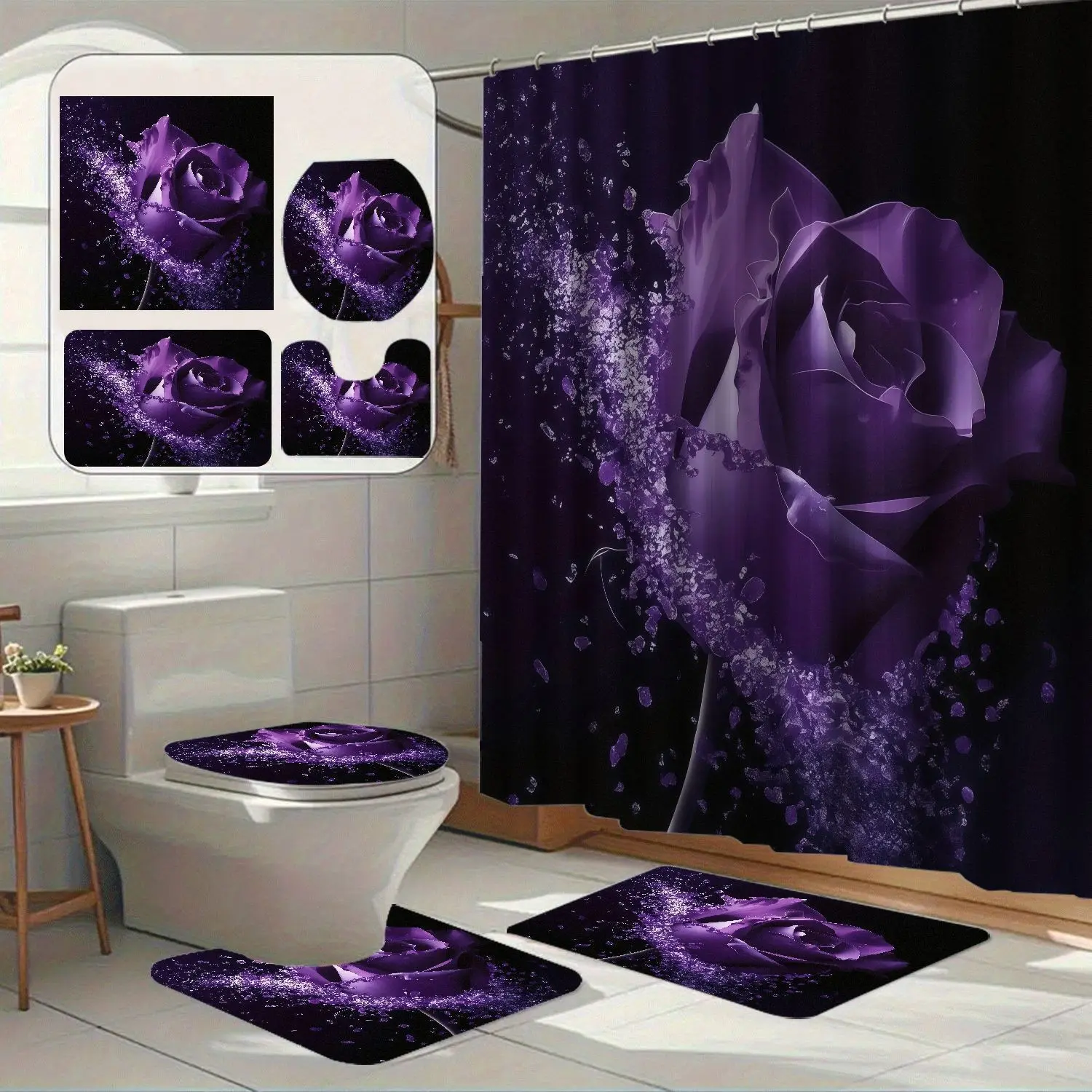 Base Glitter Rose Print Shower Curtain Set, Luxury Style 100% Polyester Waterproof Bath Decor, Bathroom Accessories