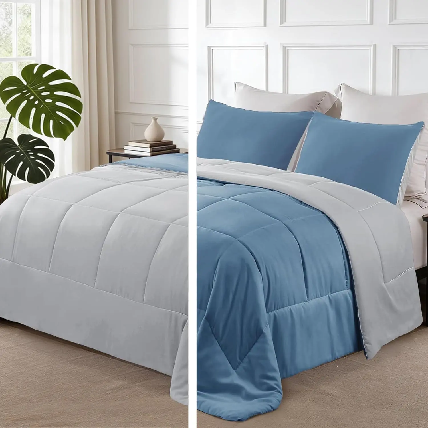 Reversible Soft Twin Comforter Set, 2 Pieces| Grayish Blue Lightweight Microfiber Down Alternative Comforters, All-Season Bedding with 1 Pillow Sham