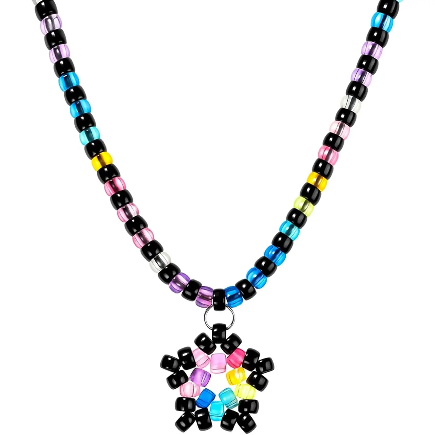 Rave Kandi Star Necklace Rainbow Beaded Lumious Bead Necklace Multi Color Beaded Star Kandi Cuff Rave Accessories for Women Men