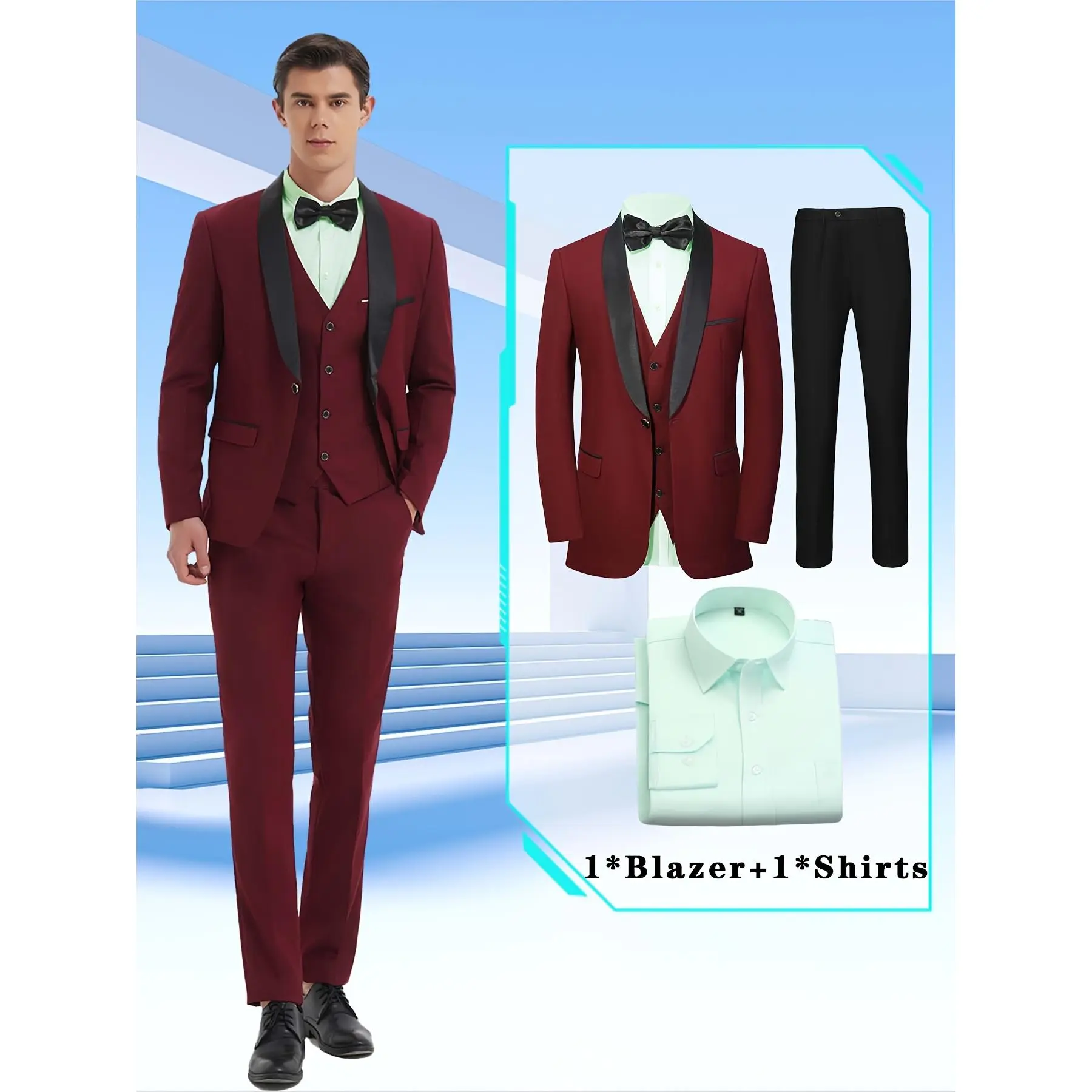 Men's 4‑Piece Shawl‑Collar Tuxedo Set | One‑Button Blazer, Vest, Pants & Avocado‑Green Shirt | Groom Wedding Formal Outfit