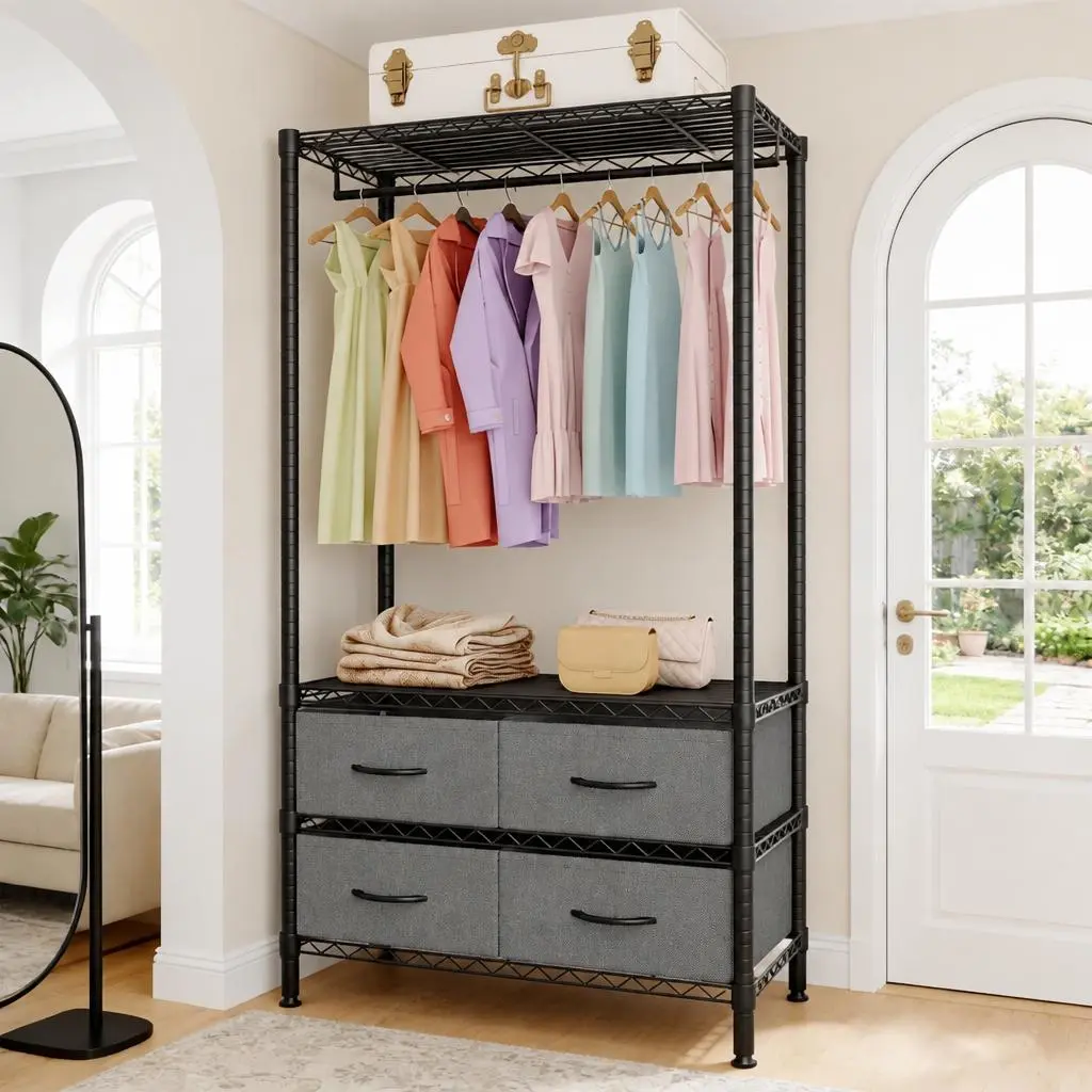 IdealHouse Heavy-Duty Wire Garment Rack Organiser - Freestanding Metal Coat Rack with 4 Storage Drawers, 1 Hang Rod, Adjustable Shelves, for Dorm, Bedroom, 35.4"l x 15.7"w x 71"h, Black