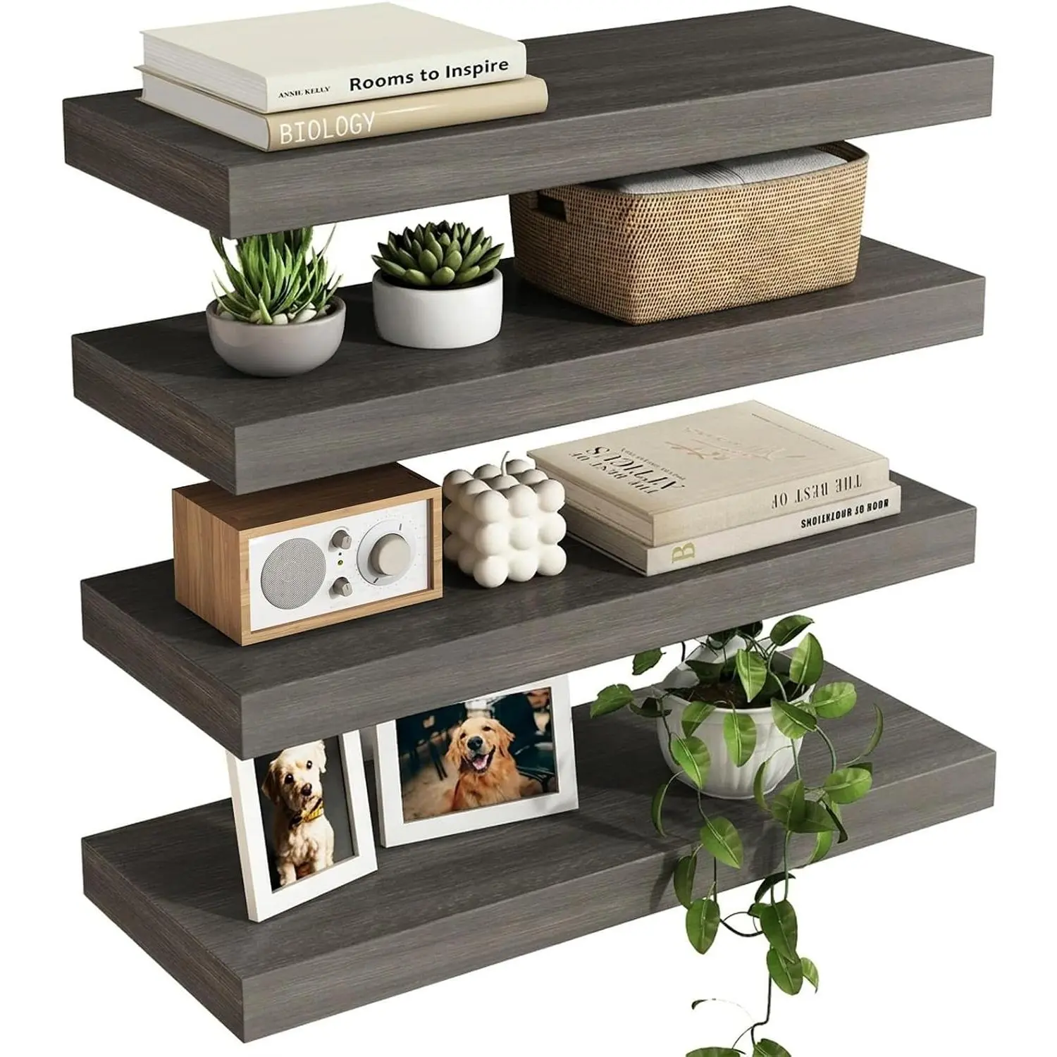 15.7in Floating Shelves, Rustic Wood Finish Wall Shelves Set of 4, Shelves for Wall Decor, with Invisible Brackets for Bathroom, Living Room,Bedroom and Kitchen(Gray)