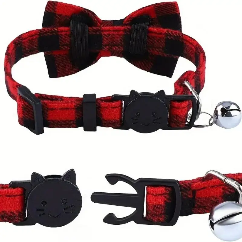 4 Pack Adjustable Plaid Bow Cat Collars With Bell, Safe Breakaway Buckle Polyester Pet Collars 7.5-12 Inch, Comfort Daily Accessory For Kittens Small Puppies Indoor Use