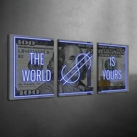 3Pcs Wooden Framed Modern $100 Bill Wall Art, "The World Is Yours" Quote Canvas Posters, Ready To Hang, Inspirational Artwork Wall Painting For Gift, Wall Decor for Bedroom, Living Room, Office, Home And Dormitory Decoration