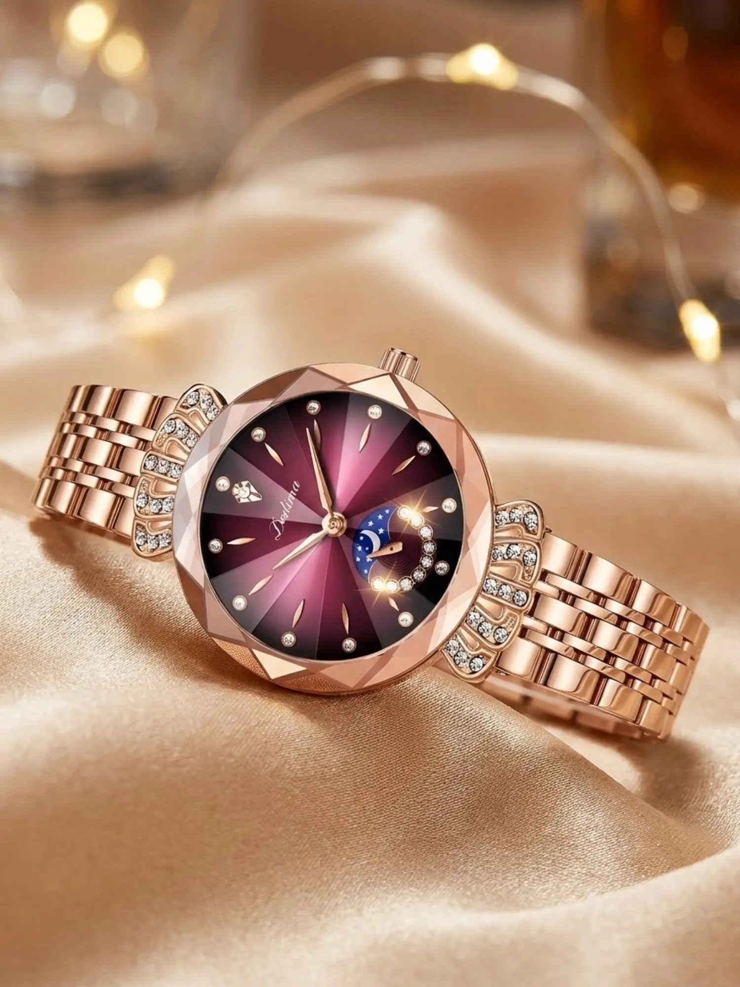 Crown Moon Phase Women's Watch  Rose Gold Case  Gradient Wine Dial  Rhinestone Design  Stainless Steel Band  Quartz Movement Quartz Analog Watch, Elegant Wristwatch