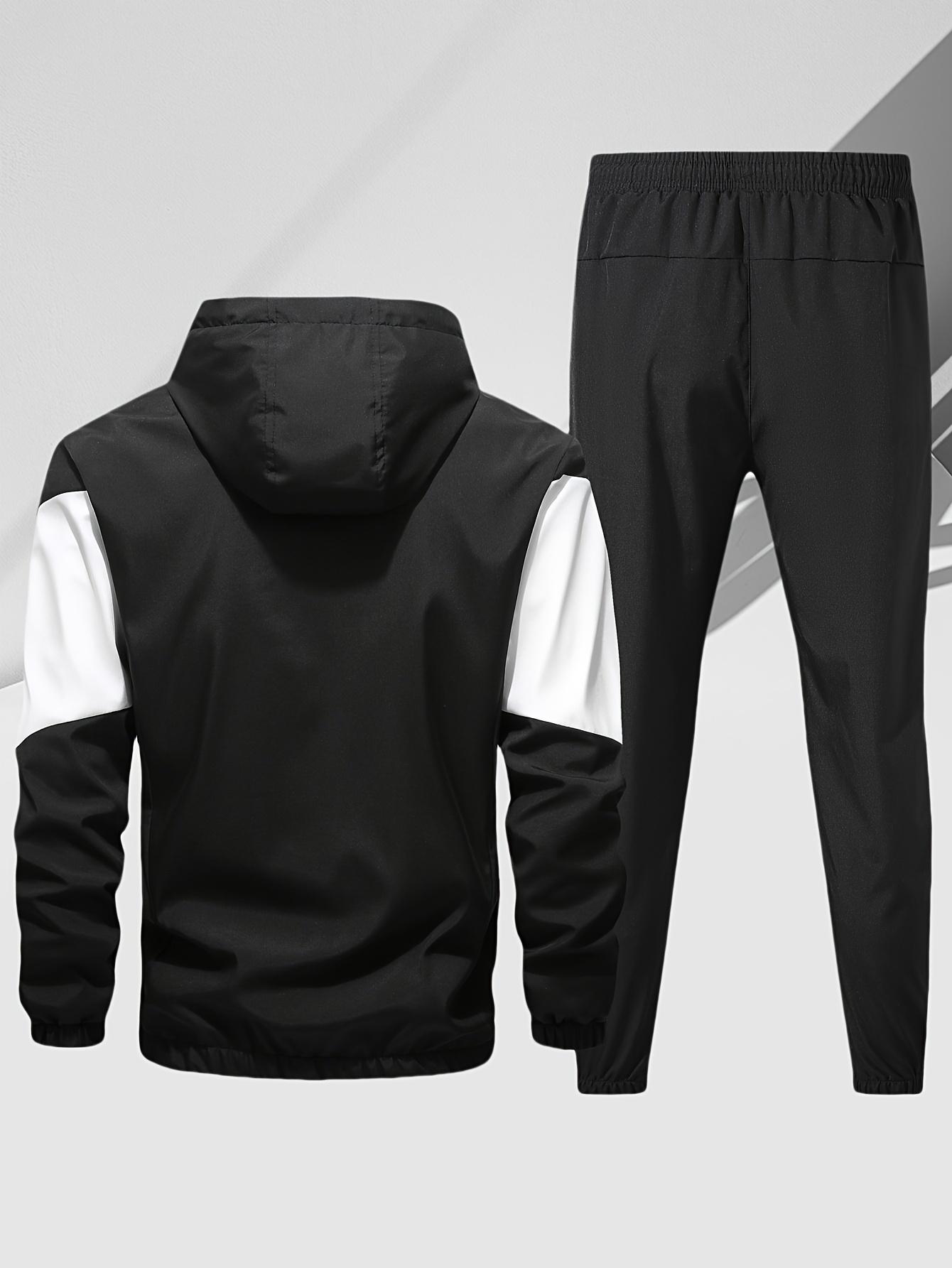 Men's casual two-piece set, stylish contrasting zipper hooded jacket, breathable solid color drawstring pants