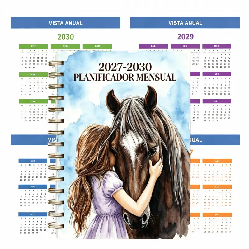 2027-2030 Monthly Planner (Spanish)  January 2027 to December 2030, a four-year monthly planner with a cover design featuring a girl and a horse, an annual planner, month tabs, 48-month lifespan, 5.5-inch x 8.3-inch thick paper, elastic band cover.