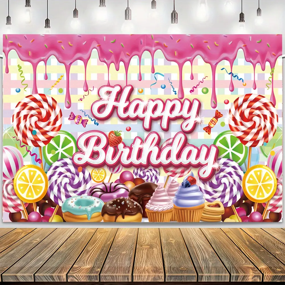 Candy Land Birthday 2D Flat Banner, Colorful Lollipop & Sweet Treat Party Backdrop, Single-Sided Polyester Fabric with Metal Grommets for Easy Hanging, Perfect for Birthday Celebrations, Photo Booth Backgrounds