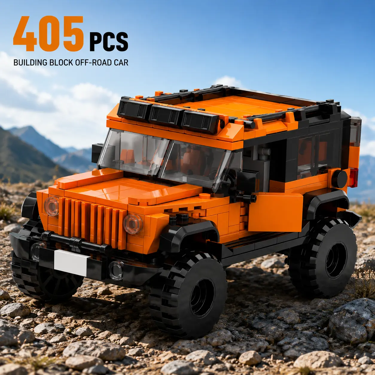 405PCS Plastic MOC Off-Road SUV Building Block Set, Orange MOC Pieces Vehicle Model Kit, DIY STEM Construction Toy Gift for Kids