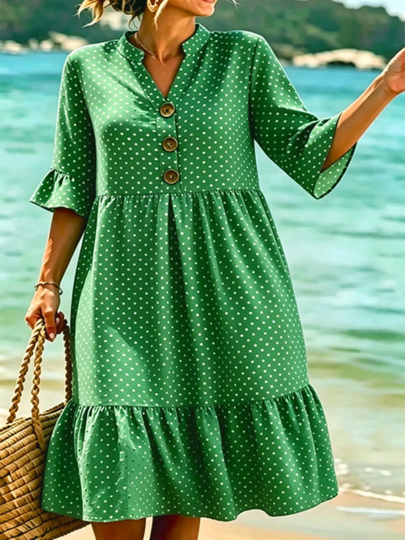 Vintage Polka Dot Stand Collar Loose Dress for Women, Ruffle Sleeve A-Line Midi Dress, Casual Office Beachwear, Summer Fashion