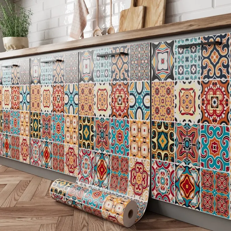Boho Style Kitchen Oil-Resistant Self-Adhesive Wallpaper, Cabinet Sticker, Wall Patch, 40cm Wide, Suitable for Various Scenes