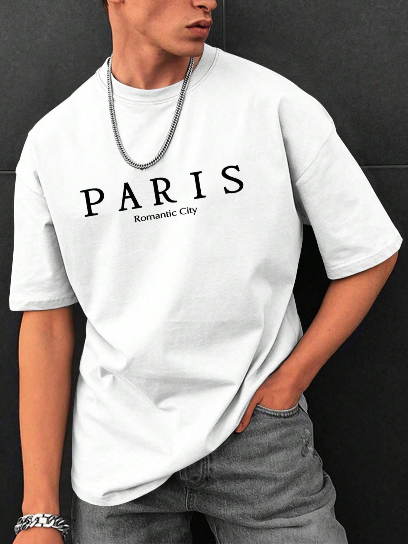 Men's Letter Print Drop Shoulder Jersey Tee, National Day Clothing, Menswear, Regular Fit Casual Streetwear Short Sleeve Round Neck Crewneck T-shirt for Summer, Fashion Stylish Men's Top for Daily Wear, Casual Style Tee, Casual Letters Print