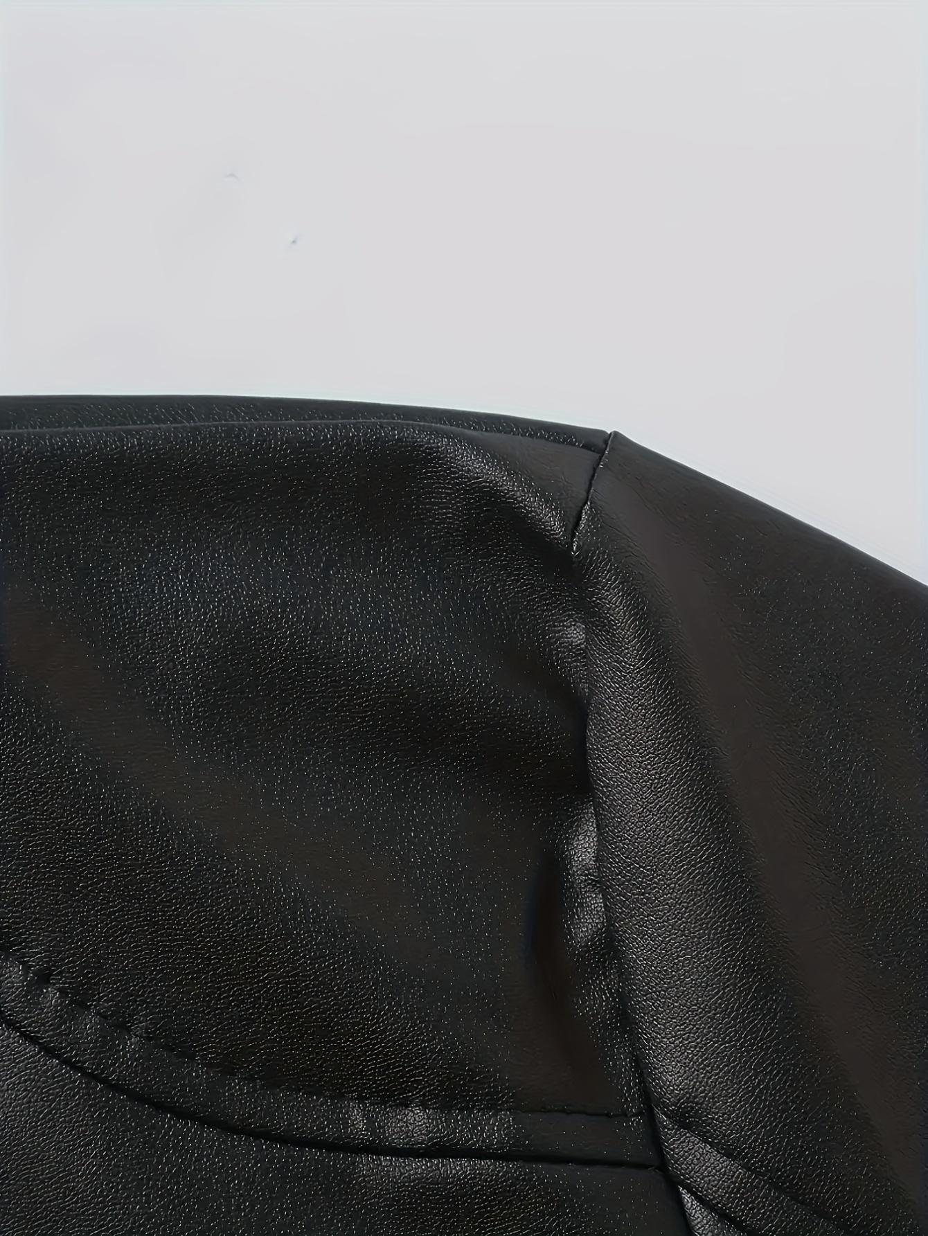A black leather jacket with a stand collar, featuring a trendy cool style. The stand collar adds a touch of sophistication, while the glossy leather surface exudes confidence. The zipper is smooth and easy to operate, making it perfect for everyday street