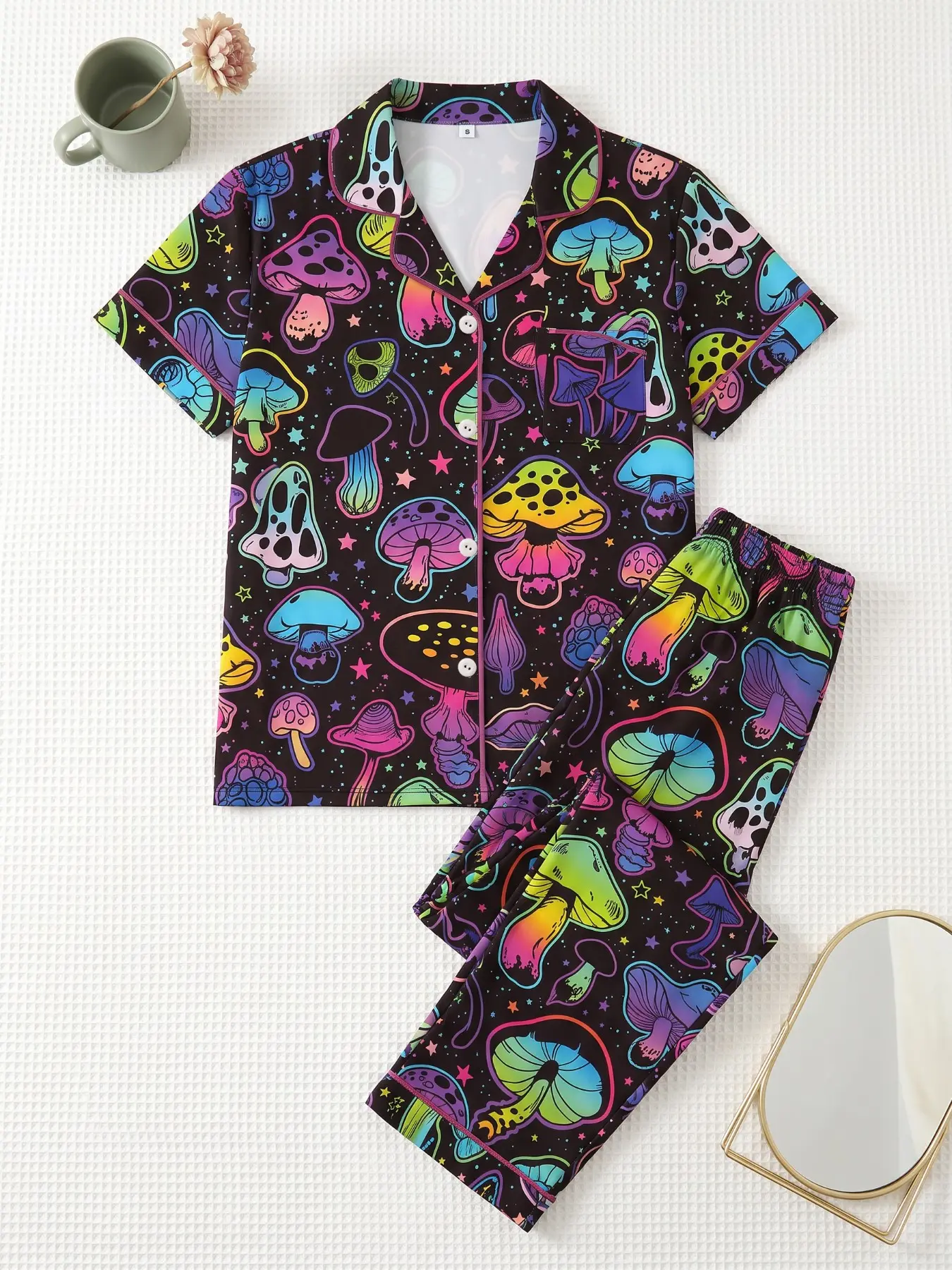 Women's 2-Piece Pajama Set, Short Sleeve Button-Up Shirt and Pants, Casual Home Wear, Rainbow Mushroom Print, All Seasons