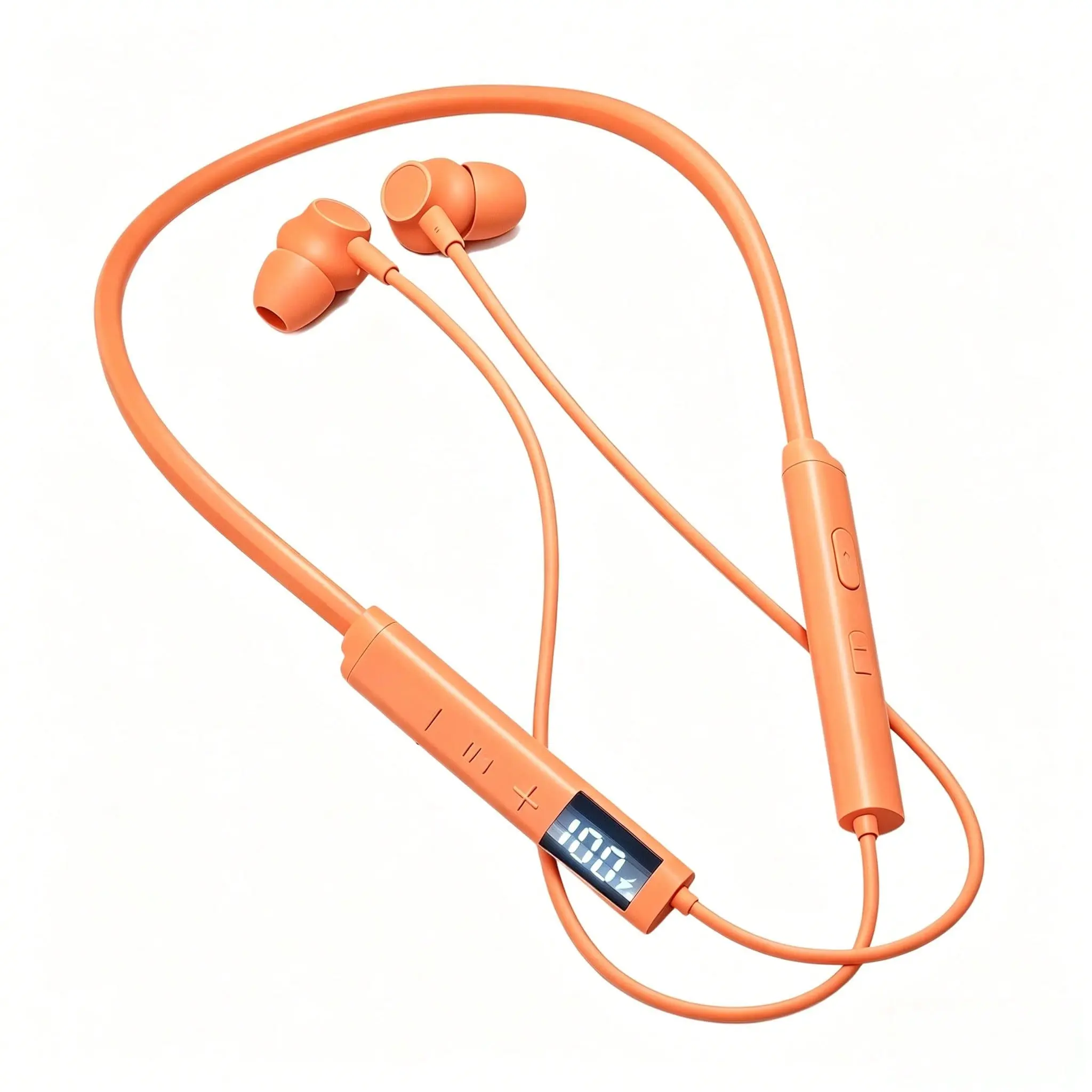Safety-Orange Silicone Neckband Bluetooth 5.4 Audio Earbuds with Tracker, Noise Cancellation, Durable Build, 72H Playtime, LED Display, IPX4 Sweat-Rain-Proof, Glove-Friendly Buttons, Stable Connection for Blue-Collar Workers,Cancelling, Instant, Memory, W