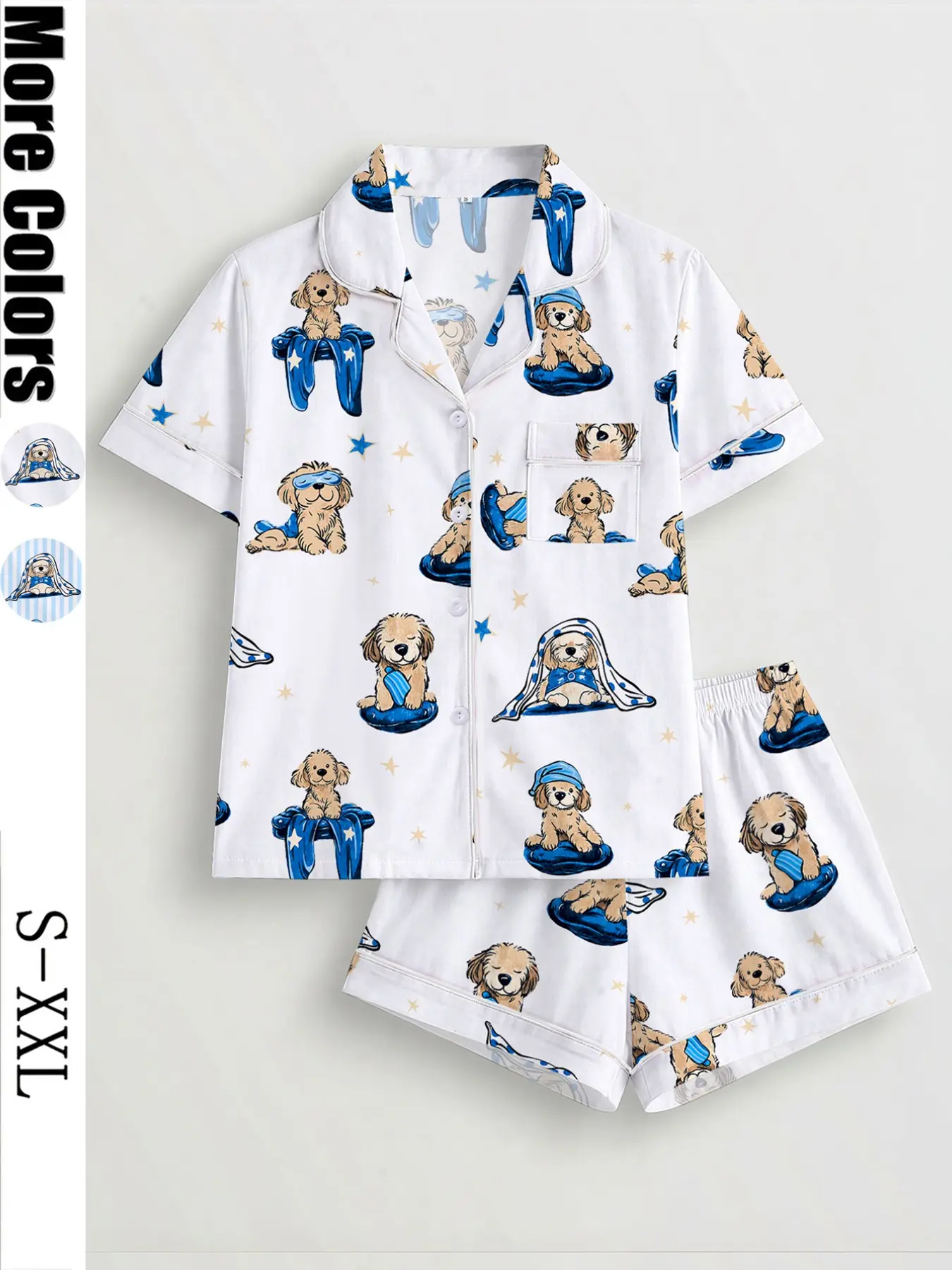 Women's Cartoon Dog Print Pajama Set, Short Sleeve Button Shirt and Elastic Shorts, Casual All-Season Sleepwear, Comfortable Home Wear