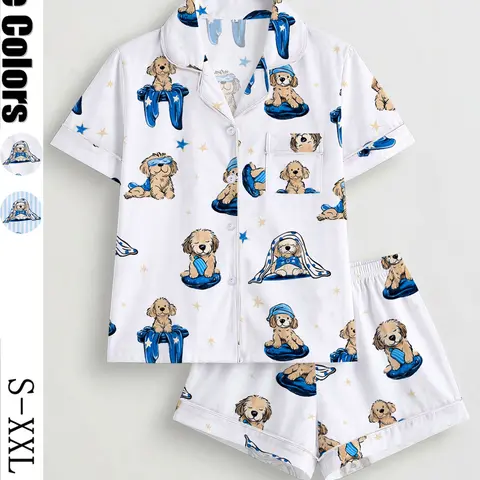 Women's Cartoon Dog Print Pajama Set, Short Sleeve Button Shirt and Elastic Shorts, Casual All-Season Sleepwear, Printed Sleepwear Set, Comfortable Home Wear Loungewear
