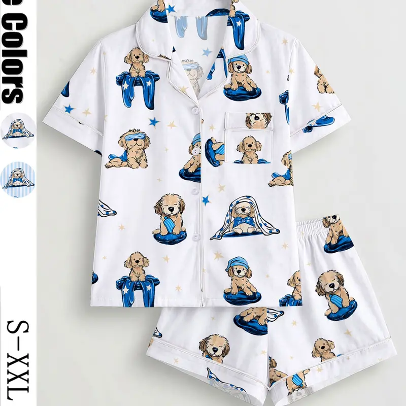 Women's Cartoon Dog Print Pajama Set, Short Sleeve Button Shirt and Elastic Shorts, Casual All-Season Sleepwear, Printed Sleepwear Set, Comfortable Home Wear Loungewear