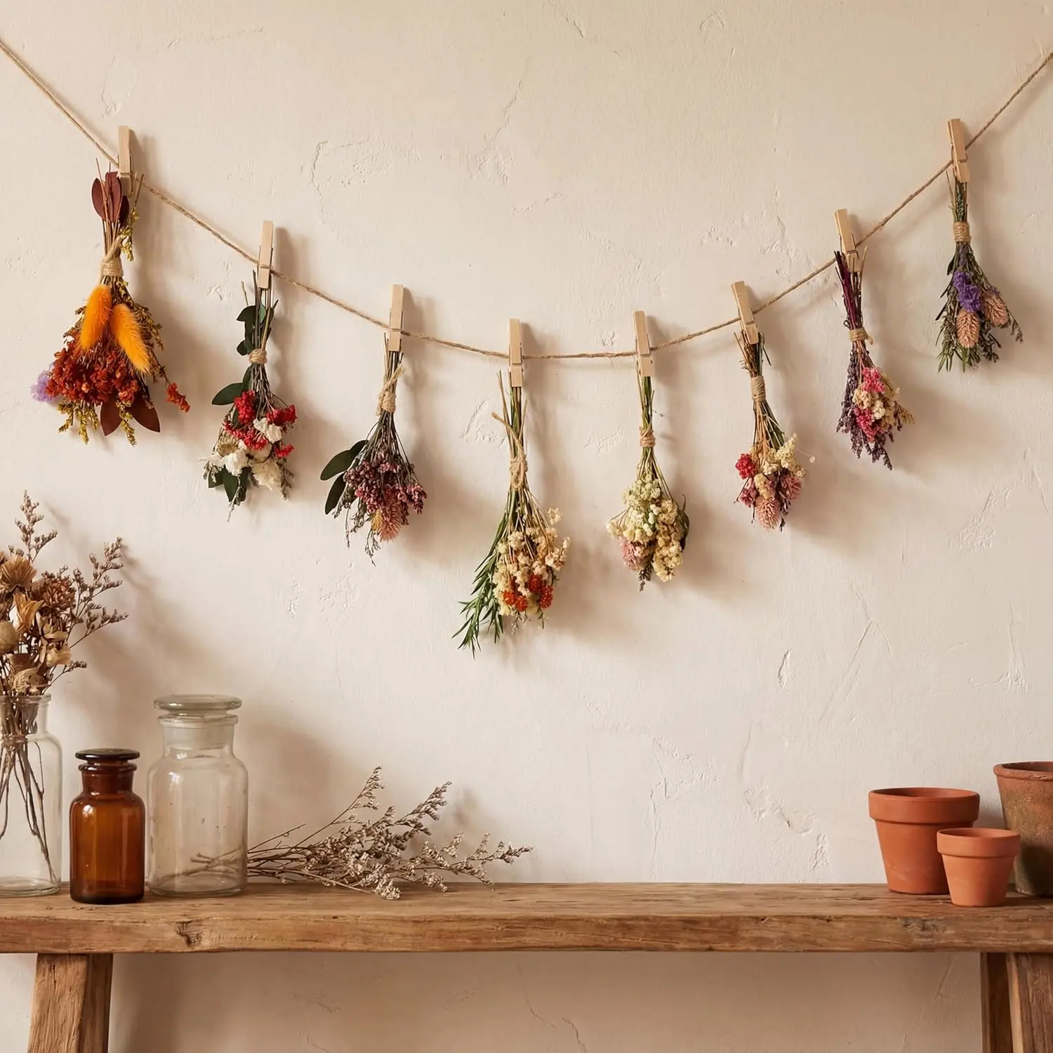 8 Sets Mini Dried Flower Bouquet Natural Hanging Dried Flower Wall Decor Boho Flowers Garland Farmhouse Plants Valentines Decoration for Room Home Table (Boho)