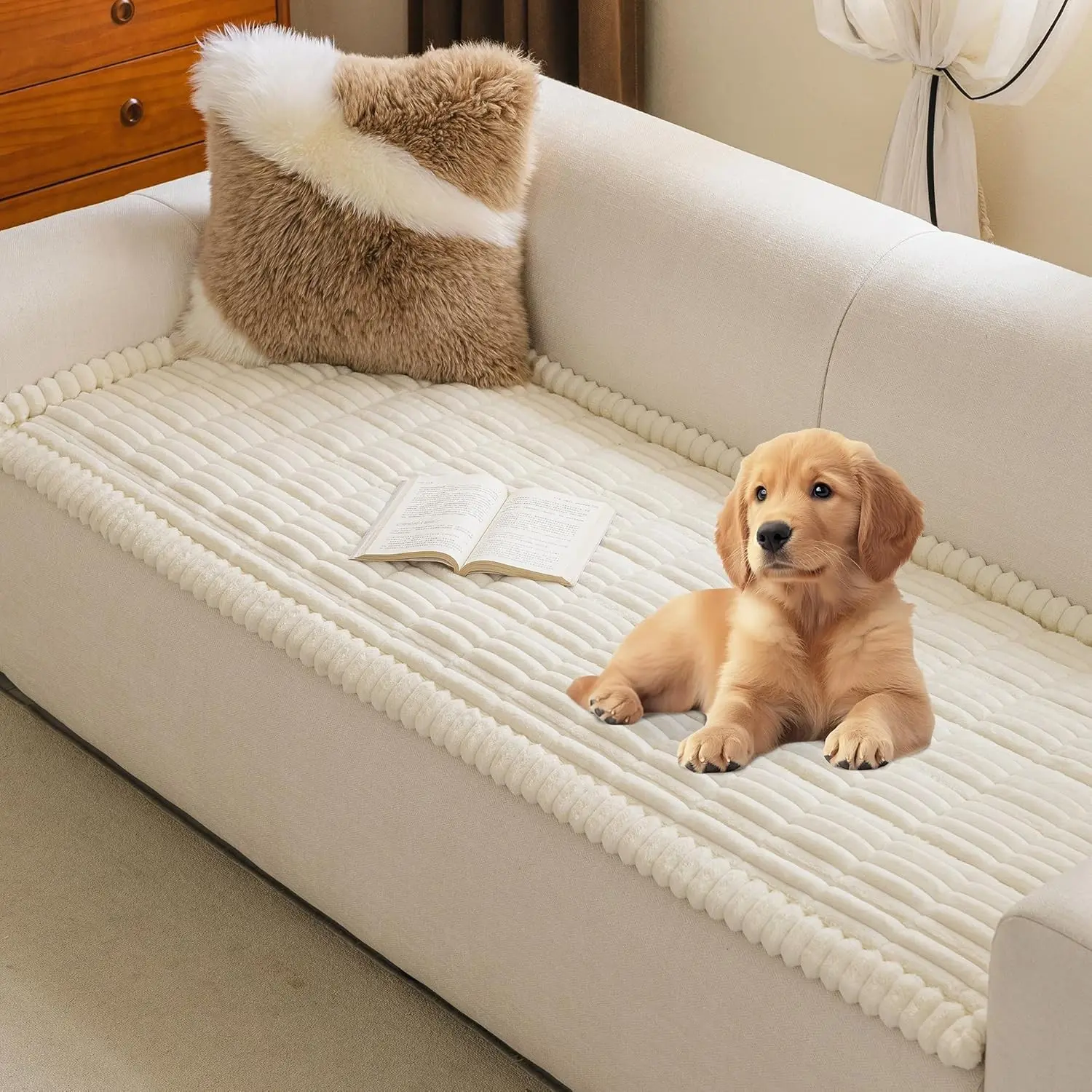 Couch Covers for Sofa, L Shaped Couch Cover, Couch Cover for Dogs, Sofa Covers for Pets Washable, Non Slip Sofa Slipcovers, Leather Sofa Cover Sectional Couch Covers, Cream, 27.6" x 70.9"