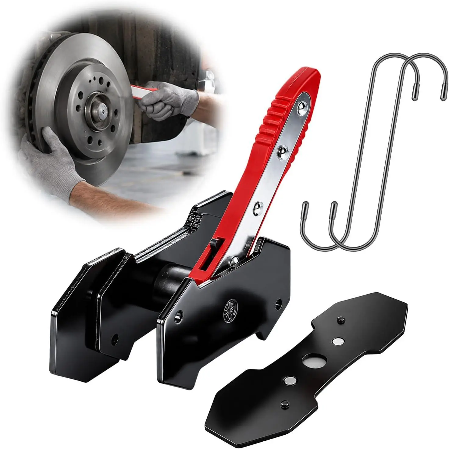 Brake Caliper Compression Tool, 360° Adjustable Ratcheting Brake Pad Spreader for Single Twin Quad Piston Calipers, Extra Include 2 Hooks & 2 Magnetic Steel Plates, Cars Disc Brake Repair Tool