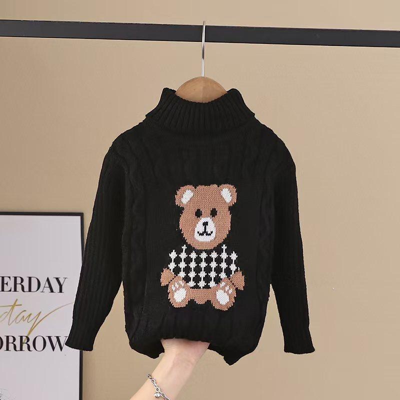 1pc Kids Cartoon Bear Turtleneck Sweater - 100% Acrylic Knit Fabric, Casual High Neck, Skinny Fit, Long Sleeve, Regular Length - Boys and Girls Fall/Winter Pullover Sweater