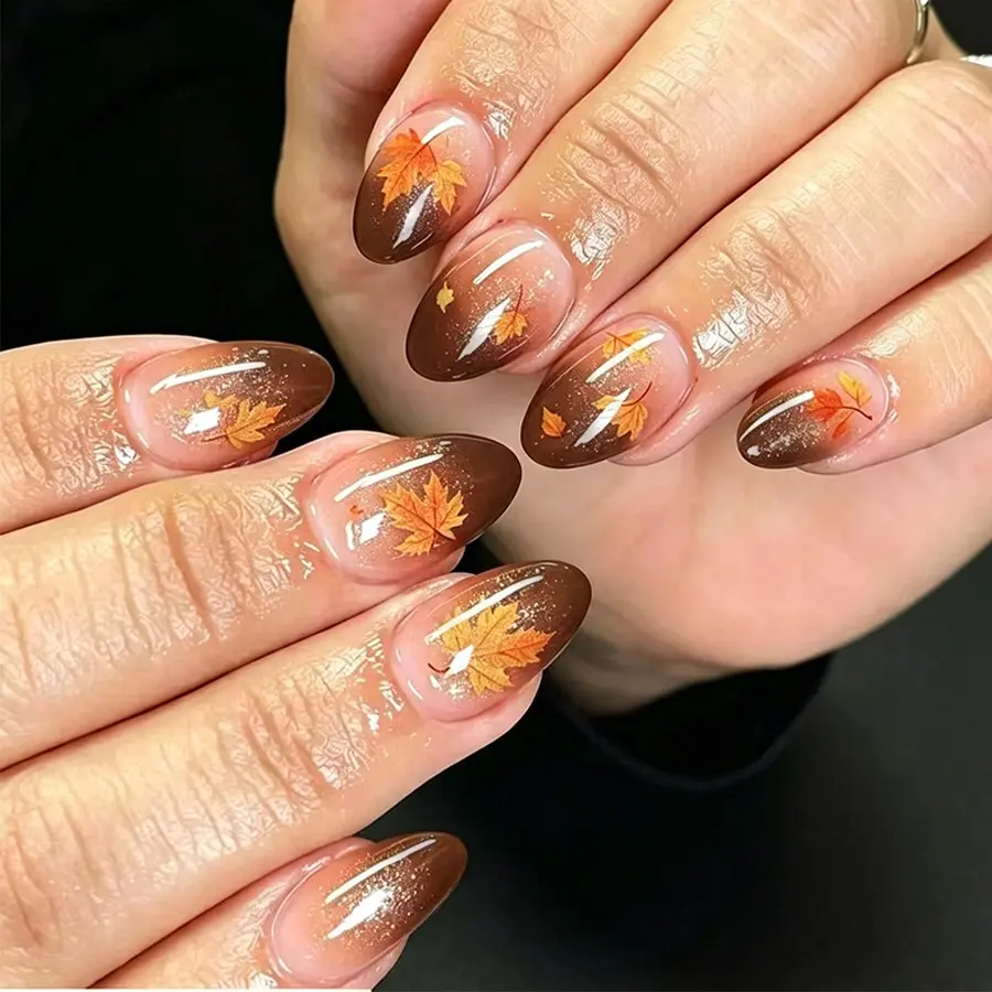 24pcs Short Almond Press-On Nails, French Gradient, French Tips, Fall Maple Leaf Design, Reusable, Shiny Floral Fake Nails for Women and Girls