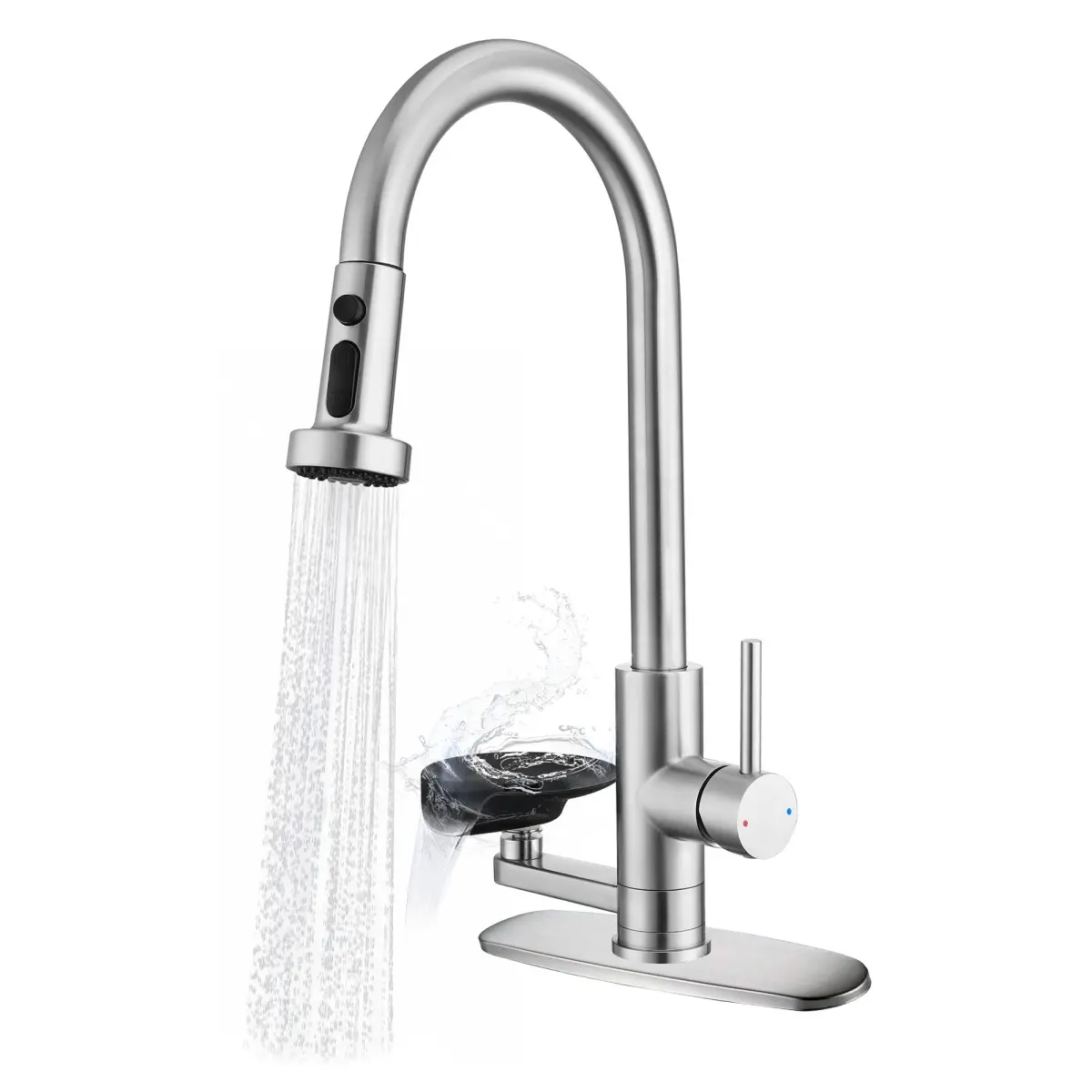 3-in-1 Brushed Nickel Kitchen Faucet with Press-Type Glass Rinser (Cup Washer), High-Arc Pull-Down Sprayer, 3 Function Spray Modes, Counterweight, 1.8 GPM, 3.75 lbs, 9.44 in, for Modern Kitchen Sinks, 1.8 Gallons Per Minute
