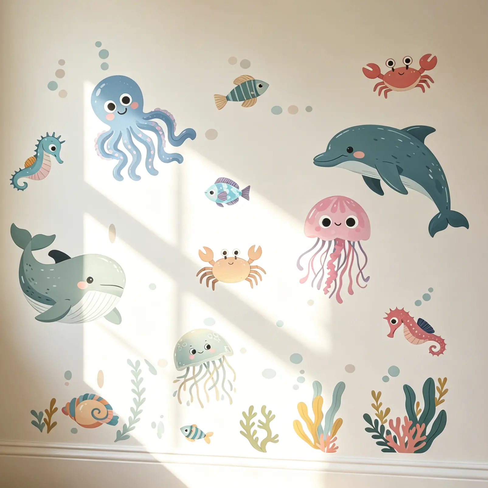 Cute Ocean Animal Wall Stickers, Underwater Creatures with Dolphin Octopus & Jellyfish Decals for Kids Room