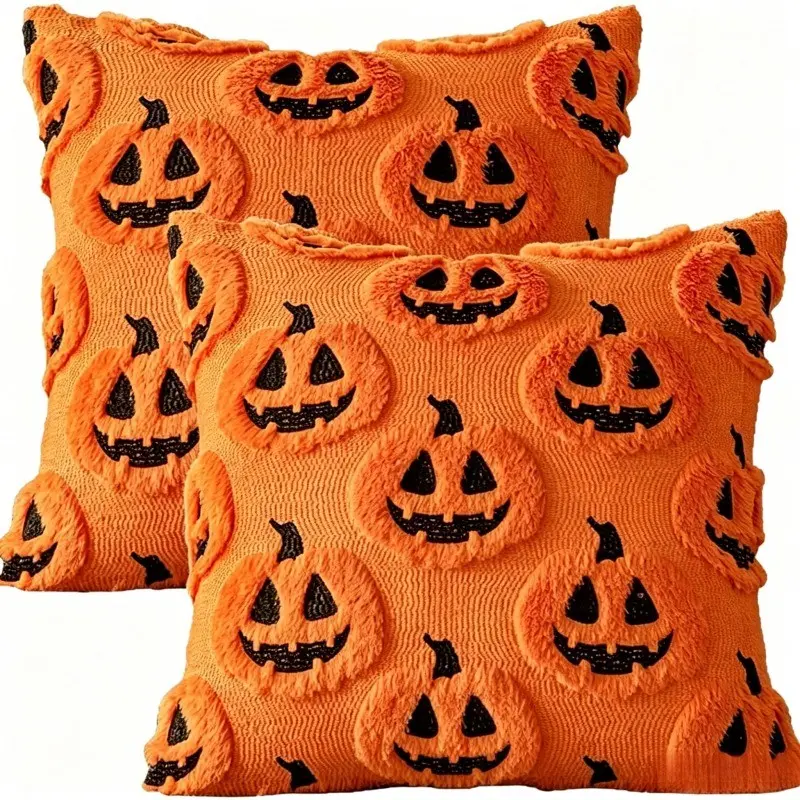 1 pc/ 2pcs Halloween Decorations: Pumpkin-Face Pillowcase, Fluffy and Soft Plush Pillowcase, Halloween-Themed Home Decor, Perfect for Cozy Bedroom and Living Room Decor, Halloween Gift (Unfilled)