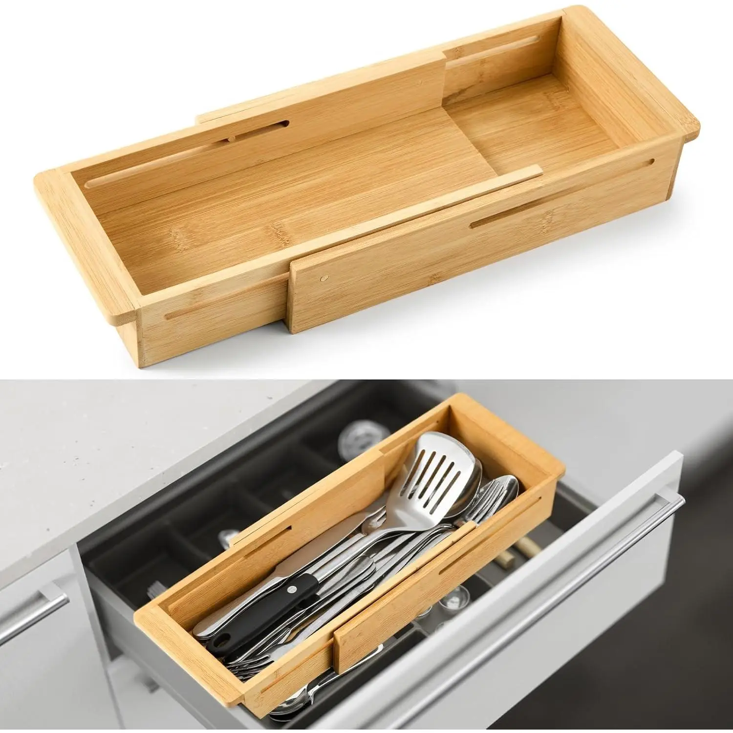 1 Pcs Sliding Drawer Organizer Bin Bamboo Drawer Expandable Bins Utensil Organizer for Kitchen Spoons Forks Knives (Wood)