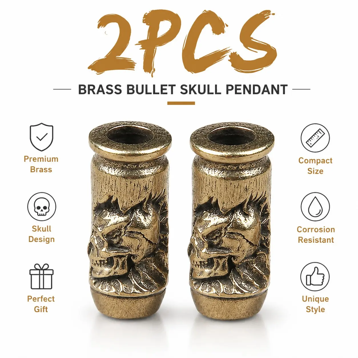 2-Piece Brass Bullet Skull Decorative Ornaments, DIY Craft Pendant Beads, Car Hanging Keychain, Perfect Halloween Gift