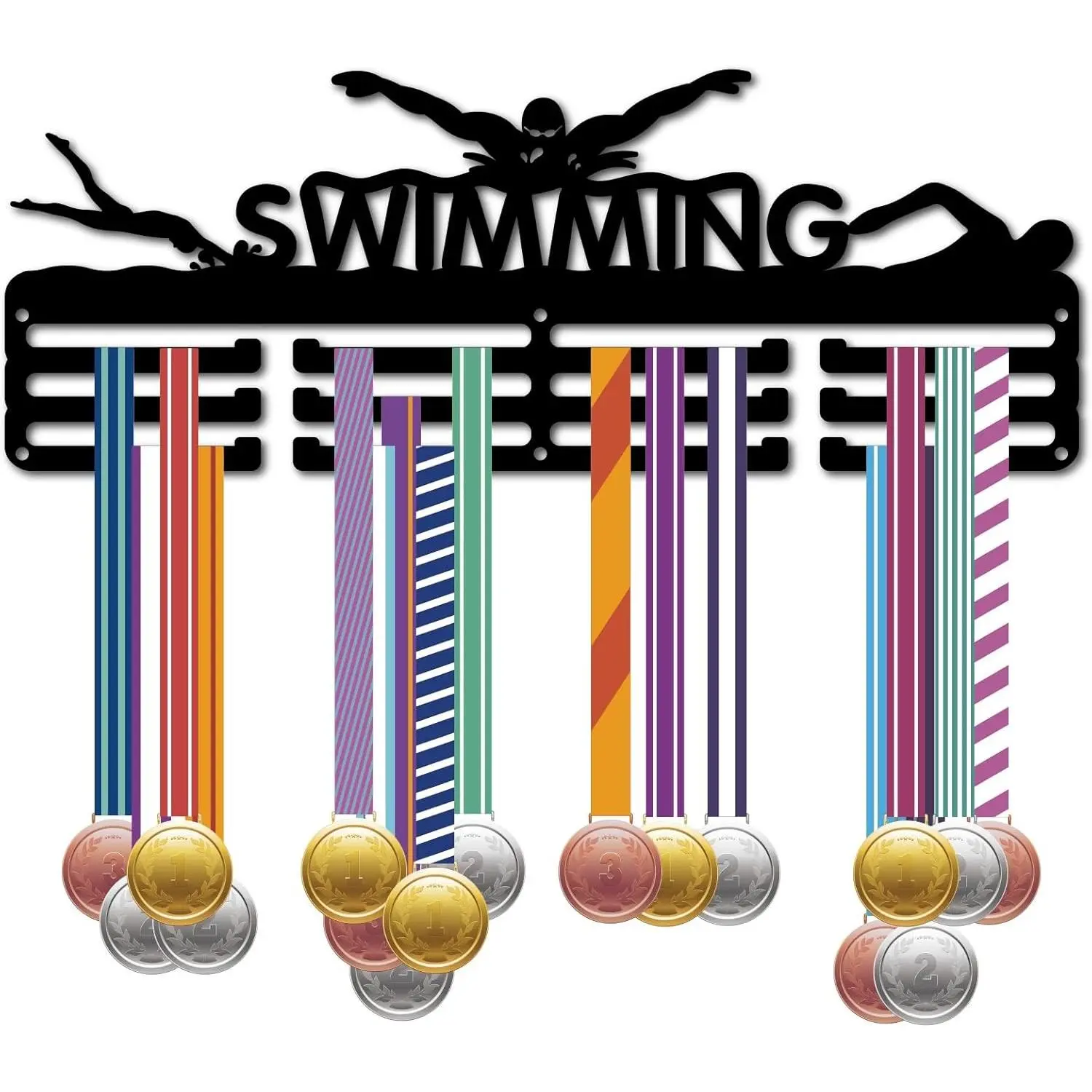 Swimming Medal Holder Display Hanger Wall Mount Black Sports Medal Organizer Rack Wall Decor Holds 60 Medals Ribbon Awards 15.7 x 6 Inch