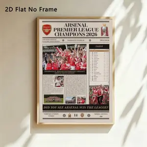 1pc 2D Flat No Frame Arsenal Premier League Champions 2026 Wall Art, Newspaper Style Football Canvas Print, Vintage Sports Poster for Home Decor
