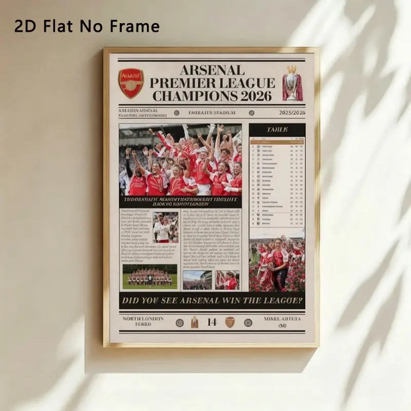1pc 2D Flat No Frame Arsenal Premier League Champions 2026 Wall Art, Newspaper Style Football Canvas Print, Vintage Sports Poster for Home Decor, Unframed Wall Art