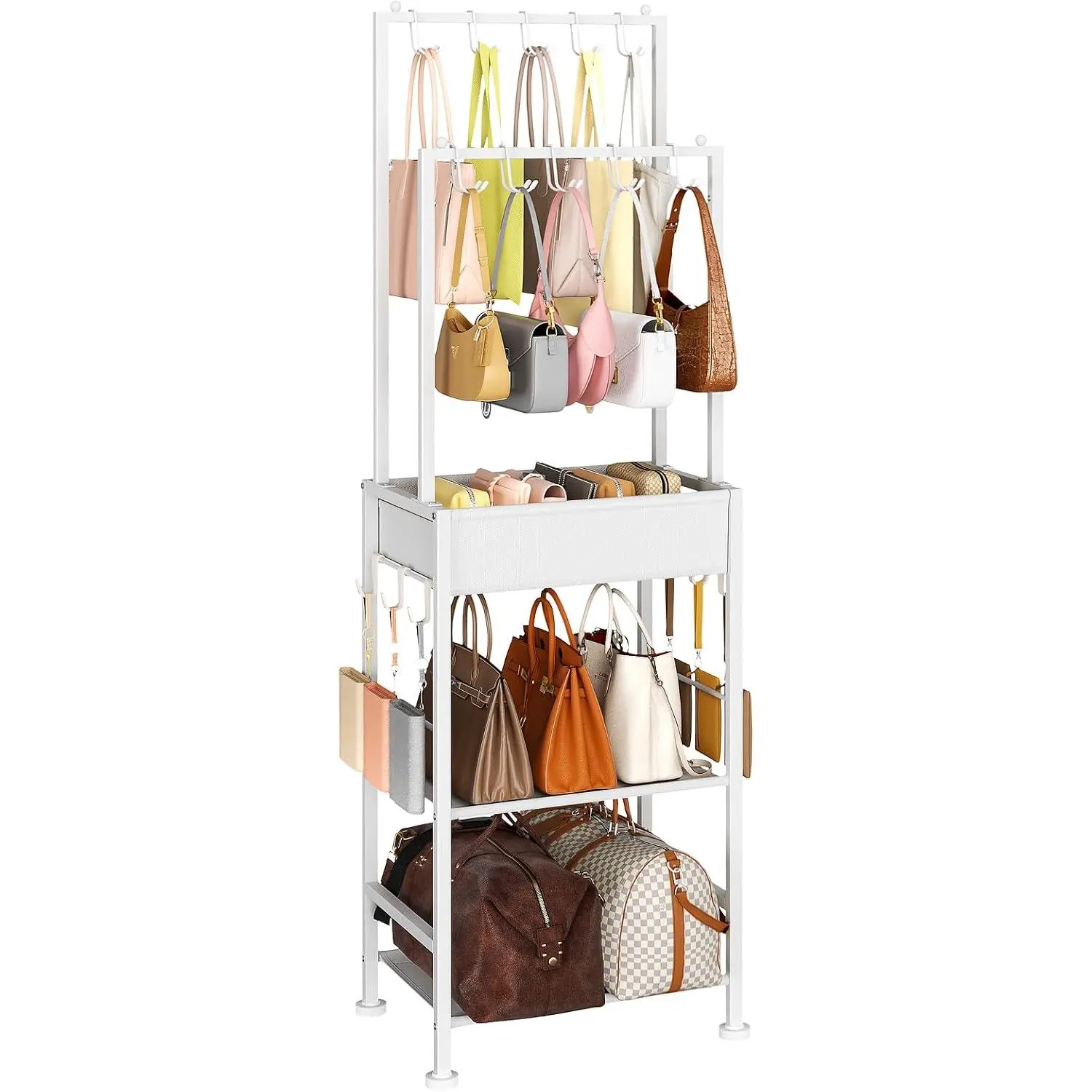 Purse Organizer for Closet - Floor-standing Handbag Organizer Rack with 16 Hooks, Purse Storage Shelf Stand for Handbags, , Wallets, Scarves, Bedroom Entryway and Walk-in Closet, White